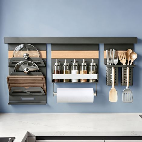doporro Étagère Murale de Cuisine avec Rail Porte-Couvercles 3 Niveaux Porte-Épices Porte-Ustensiles en Acier Galvanisé Organisateurs Cuisine Couvercles Épices Ustensiles