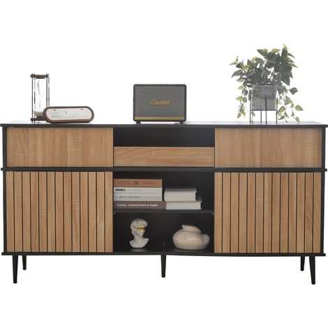 Commode à 4 portes coulissantes et 1 tiroir, meuble de rangement noir et bois clair, 160 x 40 x 80 cm, style moderne avec anti-basculement pour salon – CHICFURN (1/5)