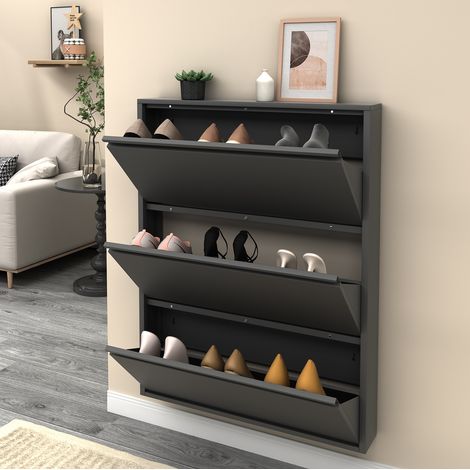 Armadietto portascarpe 3 ante ribaltabili 80x24x120 cm nero in metallo da parete con grande capienza (1/3)