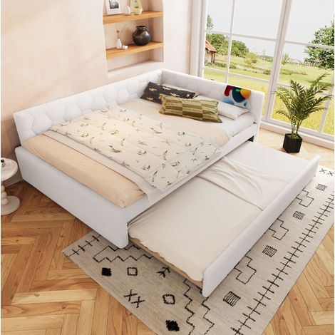 Lit 140x200 gigogne avec USB et lampe, MDF blanc HAVRYA (1/5)