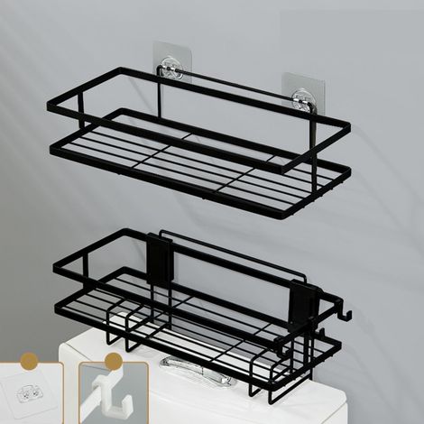 Étagère de toilette ouverte, grande capacité, installation sans clous, en métal, décorative et pratique, double couche, noire. Organisateur de salle de bain. (1/5)