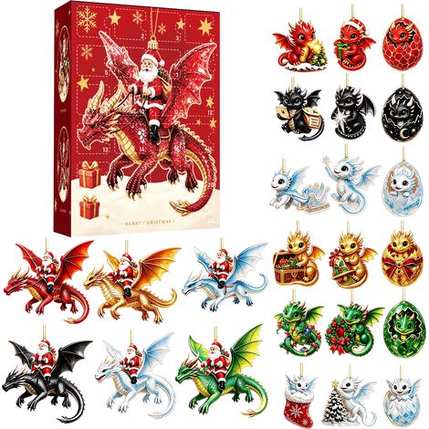 Weihnachts-Adventskalender mit Drachenmotiv – 24 flache 2D-Acryl-Anhänger – Überraschungsbox – festliche Weihnachtsbaumdekoration und Geschenk für Drachenliebhaber (1/5)