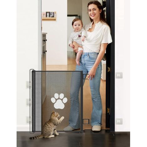 Barrière de Sécurité Rétractable Extensible (Fort 130cm Pied)  Sans Perçage, Pour Escaliers Portes Couloirs, Intérieur Extérieur, Hauteur Ajustable (1/5)