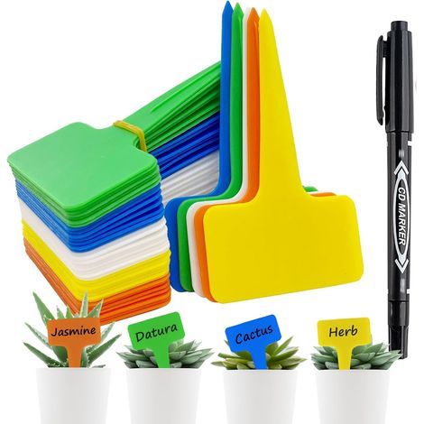 100 Étiquette Jardin,ur Plastique Type T, Stylo Étanche, Réutilisable Potager, 10 x 6 cm (1/5)