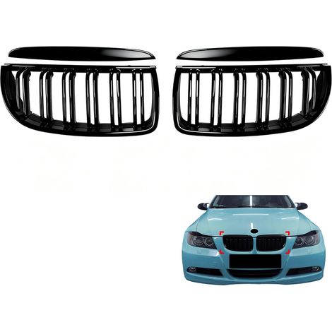 E90 E91 Grille Calandre Double Barre Pare Choc Pour E90 E91 2005-2008 2005 2006 2007 2008, Grille Radiateur Pare Choc Abs Noir Brillant (1/5)