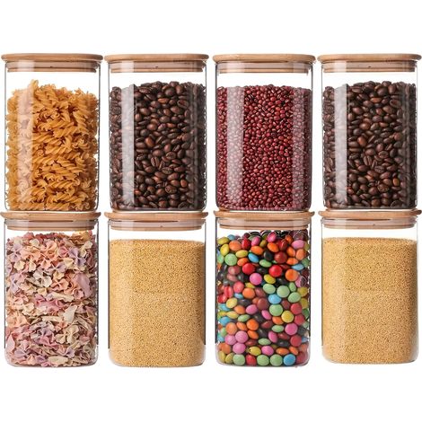 (540 ml - 8 bouteilles) Bocaux carrés en verre hermétiques, rangement et organisation de la cuisine, bocaux de conservation avec couvercles en bambou (1/3)
