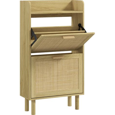 Schuhschrank mit 2 Klapptüren und Ablage aus geflochtenem Rattan im Bohème-Stil – 80 x 24,5 x 110 cm