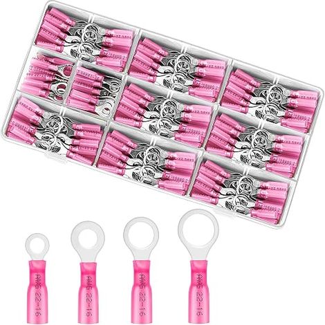 Cosses Electriques à Sertir thermorétractables,Kit de Cosse Electrique Thermoretractable pour Automobile - Assortiment Cosses Ronde pour 12-10 AWG (rouge 10,1/4",5/16",3/8") (1/4)