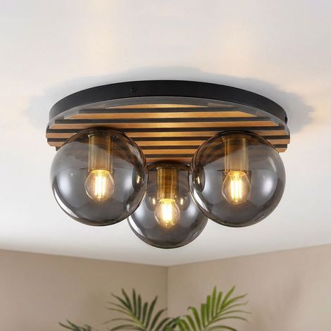 LED Deckenleuchte Deckenlampe Glas rauchfarben Holzoptik Wohnzimmerlampe 3 flammig, Metall Glas, 3x 6,5W 806LM warmweiß, DxH 39x20 cm