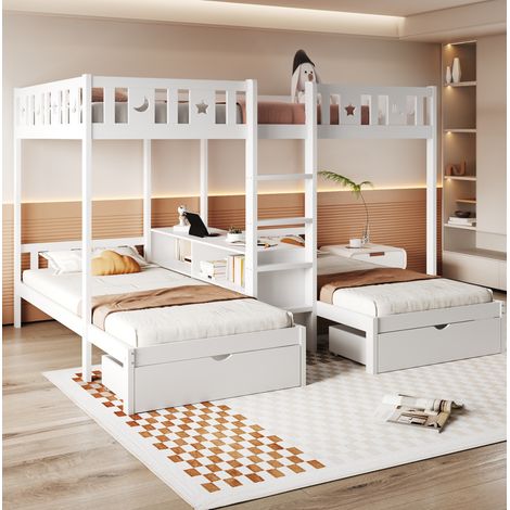 DESVIAE Lit superposé triple enfant avec rangement et 2 tiroirs bois blanc 90 x 200 140 x 200 (1/4)