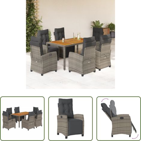 vidaXL Gartenstuhl -  7-tlg. Garten-Essgruppe mit Kissen Grau Poly Rattan (1/5)