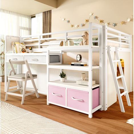 Lit mezzanine enfant 140x200 cm métal MDF blanc avec bureau, gain de place, sans matelas – MEUBLIV (1/5)