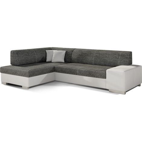 Canapé convertible angle gauche simili cuir blanc et tissu noir chiné Polky 272cm (1/5)