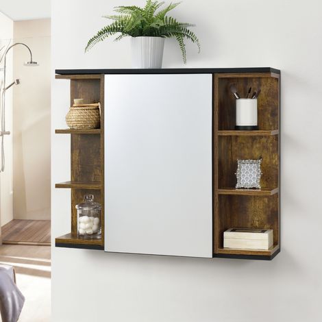 Armadietto Pensile a Bagno con Specchio 64 x 80 x 20 cm Mobiletto a Muro con 1 Anta e 3 Ripiani Laterali - Legno Scuro/Nero (1/5)