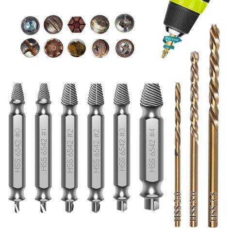Kit d'extracteur à vis endommagé de 9 PCS, Kit d'extracteur à vis HSS 6542 de 6 PCS et Kit de broche de forage à torsion de 3 PCS, Kit d'extracteur de boulons (1/5)
