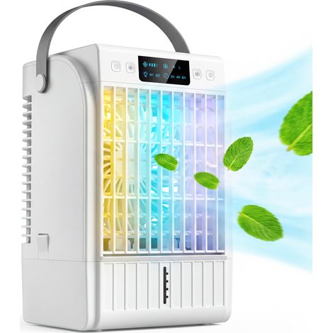 Climatiseur portable, mini rafraîchisseur d'air 4 en 1, 4 vitesses, 2 modes brumisation, éclairage LED RGB, blanc