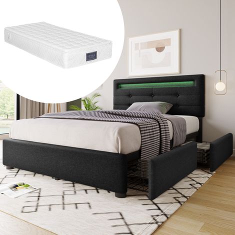 90 x 200 cm Leinenbett Schwarz mit LED, 2 Schubladen und Matratze – MEUBLIV (1/5)