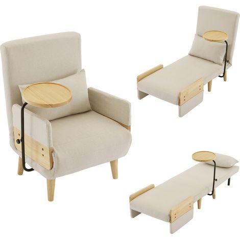 Poltrona letto 3 in 1 in lino beige con vassoio in legno, 66 x 74,5 x 88 cm (1/5)