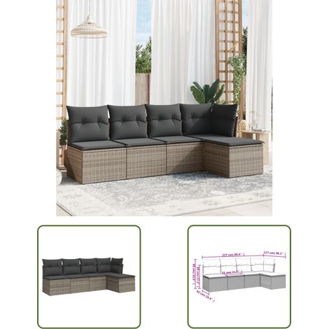 The Living Store 5-tlg. Garten-Sofagarnitur mit Kissen Grau Poly Rattan - Gartenmöbel - Outdoor Möbel - Rattan Sofa - Lounge Set - Gartengestelle (1/3)