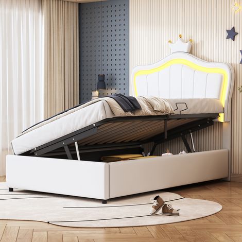 Lit capitonné 90x200 cm enfant, style couronne avec LED, sommier coffre hydraulique, tête ajustable, similicuir blanc, lit simple à lattes (1/5)