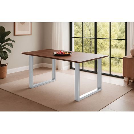 Esstisch 140x80cm Akazie massiv kastanienfarben schweizer Kante U-Gestell silber RITA (1/5)