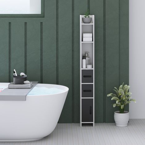 Columna de Baño con 3 Puertas y 3 Estantes Abiertos Armario de Baño Alto Estilo Moderno 15x17x120 cm Blanco y Negro (1/5)