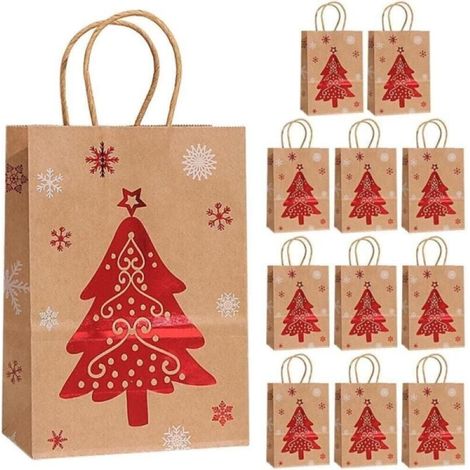 Set mit 12 braunen Weihnachtsgeschenktüten aus Papier, dekorative Weihnachtstüten mit Henkeln, Weihnachtsbaum-Motiv, 21 x 15 x 8 cm