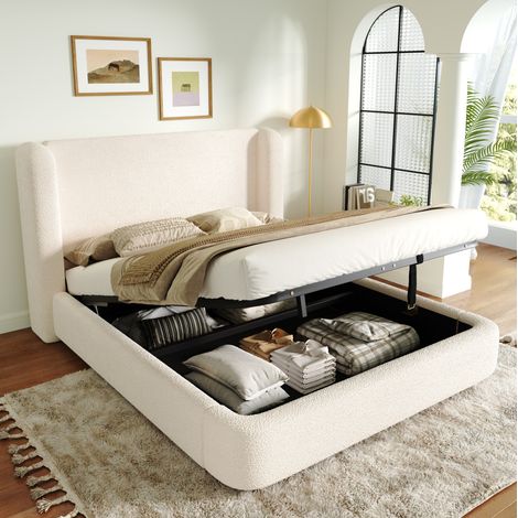 lit coffre 180x200 avec rangements Bouclé beige HAVRYA (1/5)