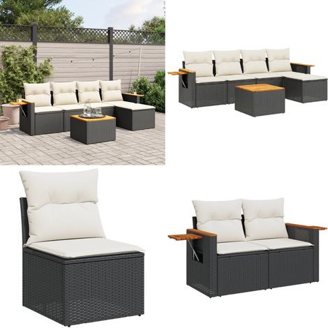 Salon de jardin 6 pcs avec coussins noir résine tressée - Salon De Jardin - Meuble Extérieur - Set Salon - Résine Tressée - Rotin Synthétique - Home & Living (1/5)