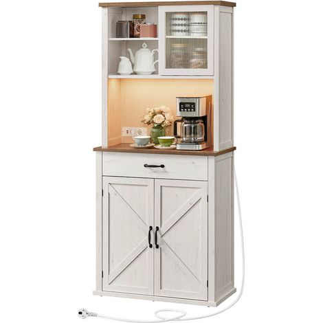 Buffet meuble de rangement avec lumières et chargeur placard de cuisine avec portes et tiroirs buffet meuble à café étagères réglables 39,7 x 80,4 x 180,3 cm style campagne blanc