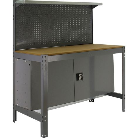 Banco da lavoro per officina, portata 400 kg, 1445x910x610 mm, portautensili, grigio/legno - BT3 SimonRack (1/3)