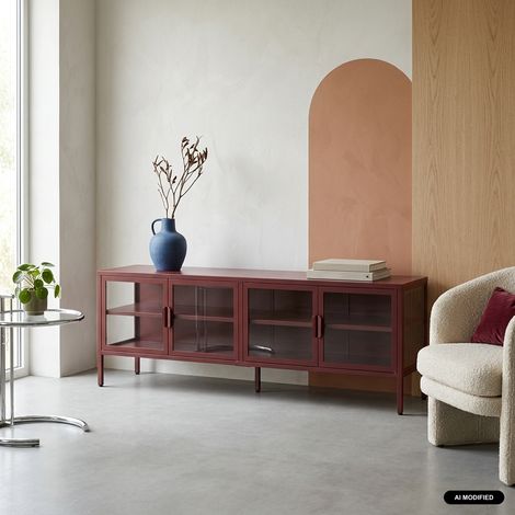sweeek - Meuble TV industriel métal et verre trempé 4 portes 160cm bordeaux - Arkansas (1/4)