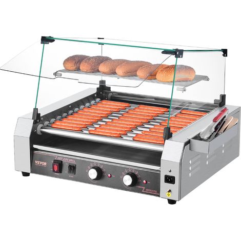 VEVOR Rullo per Hot Dog, 30 Hot Dog 11 Rulli, Cuocitore per Salsicce in Acciaio Inox 2200 W con Doppio Controllo della Temperatura, Contenitore Laterale, Ripiano Rimovibile e Vassoio Raccogli-Olio