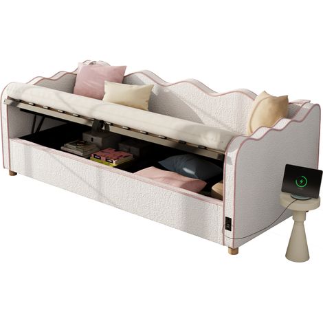 Cama con almacenaje 90x200 cm con elevación hidráulica, USB, cabecero beige OKMYHOME (1/5)