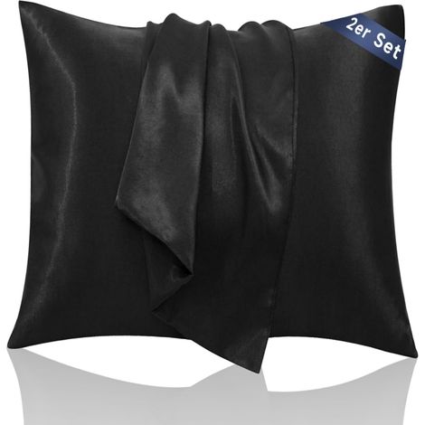 Taie Oreiller 65x65 Satin - Similaire aux Taie d Oreiller en Soie Lot de 2, Prend Soin de Votre Peau et de Vos Cheveux, Housse Coussin Satin Protege Oreiller (Noir, 65x65cm) (1/5)