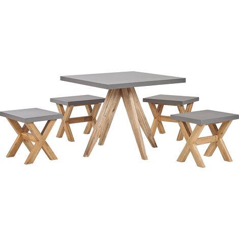 Conjunto de comedor para jardín de cemento reforzado gris con patas de madera de acacia para 4 personas mesa cuadrada con 4 taburetes Olbia