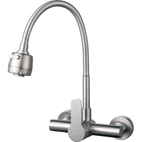 Robinet d'évier de cuisine en acier inoxydable 304, robinet pivotant mural (1/4)