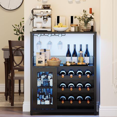 Armoire à Vin en Bois et LED réglable,Meuble Bar à Vin avec 3 Porte-Verres,Casiers à 12 Bouteilles réglable,Plan de Travail,Porte Grille métal,2 étagère de Rangement pour Salon,Cuisine,Salle à Manger (1/5)