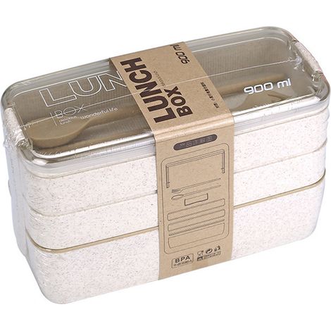 Boîte À Repas Bento - 3 Compartiments Empilables - 1100 ml - Matière PP Alimentaire et Fibre de Blé - Hermetique - Micro-ondes et Lave-vaisselle - 1 Pièce (1/5)
