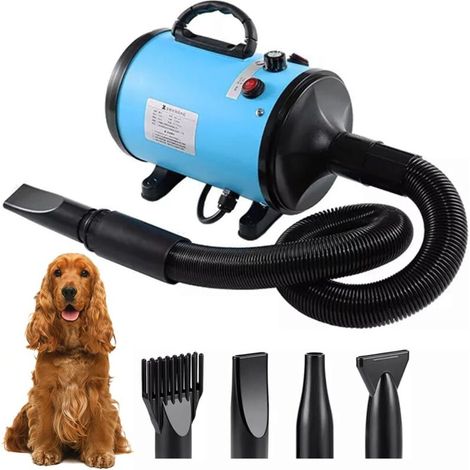 Soffiatore professionale per cani, Soffiatore per cani a pelo lungo, Asciugacapelli per cani, Asciugacapelli per toelettatura, 2800W, Velocità continua e temperatura regolabile con 4 ugelli