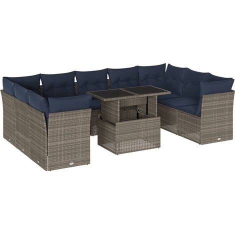 10-teiliges Gartensofa-Set mit Kissen, grau, Polyrattan vidaXL (1/5)