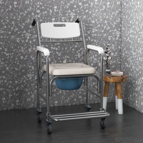 Toilettenstuhl mit Rollen – WC-Sitz – Duschstuhl – abnehmbarer Eimer, Armlehnen, Fußstützen – verchromter Stahl, weißes HDPE