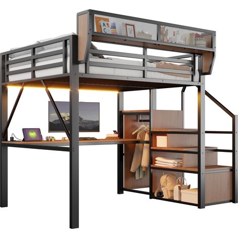 Lit mezzanine métal 140x200 cm lit surélevé avec led, lit combiné avec long bureau, échelle sécurisée et rangement modulable, noir (1/5)