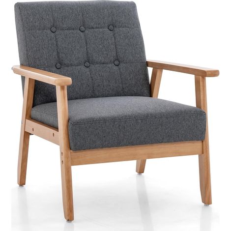 COSTWAY Poltrona Moderna, Sedia con Braccioli Imbottita e Rivestita in Lino Traspirante, Telaio in Legno Massiccio di Gomma, Sedia Divano Imbottita per Soggiorno, Camera da Letto, Studio (1/5)