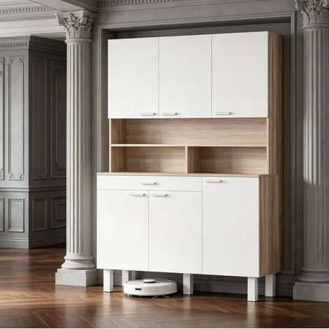 Credenza alta da cucina 120x40x175 cm, 6 ante, 1 cassetto, bianco effetto legno HAVRYA (1/5)