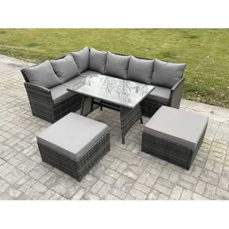 Fimous Rattan Garden Furniture Corner Sofa Set with Oblong Dining Table 2 Big Footstool Outdoor Wicker Rattan Set Dark Grey Mixed