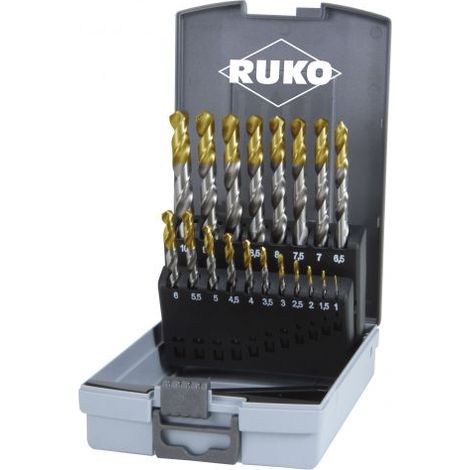 RUKO  juego  de  brocas  espirales  DIN  338  Tipo  N,  HSS-G  con  recubrimiento  de  punta  de  TiN  en  estuche  de  plástico  -  25  piezas  -  2501215TRO