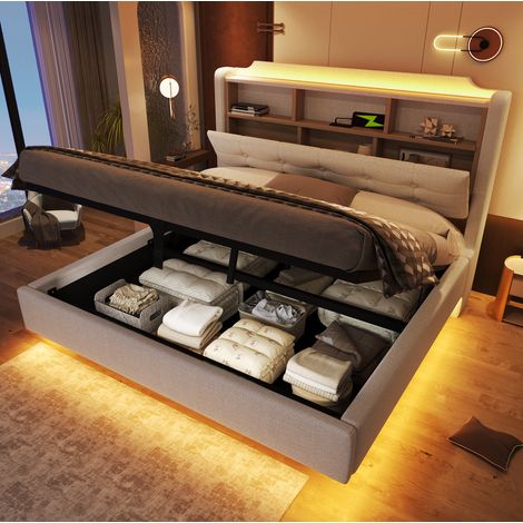 Lit coffre 140x200 LED USB lin beige avec rangement HAVRYA (1/5)
