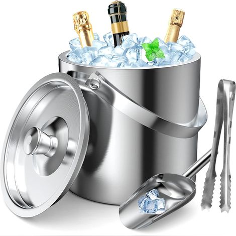 Bac à glaçons en acier inoxydable, seau à glace de 1,6 l avec design à double paroi, seau à glace avec couvercle, pelle à glace et pinces, refroidisseur portable pour refroidir la bière (1/5)