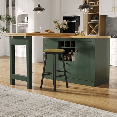 REDOM Mesa de bar 120-180x40x76 cm, extensible, giratoria 360°, con almacenaje, MDF verde antiguo (1/5)